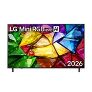 LG 65'' LG Mini RGB evo AI MRGB85 4K Smart TV 2026, La vista frontal de LG Mini RGB evo AI MRGB85, lanzada en 2026, presenta un bisel negro delgado con pies cortos, mientras que una imagen vívida y cristalina de facetas multicolores nítidamente definid, 65MRGB85BSC, thumbnail 1